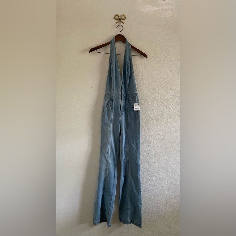 Free People We The Free Cruz Jumpsuit in Light Indigo Open Back Size 24